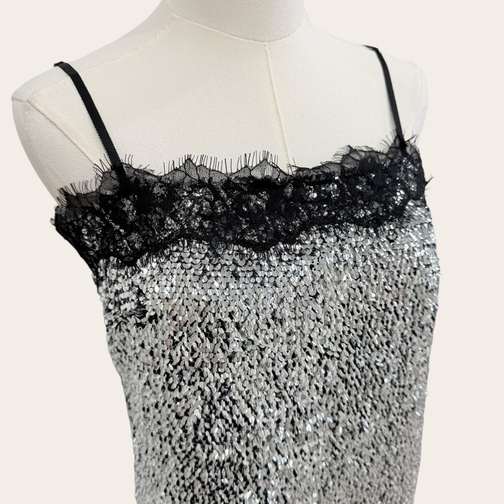 Gianni Bini Lilly Sisto Allegra Silver Sequin Dress Lace Trim Square Neck Party - Picture 6 of 16